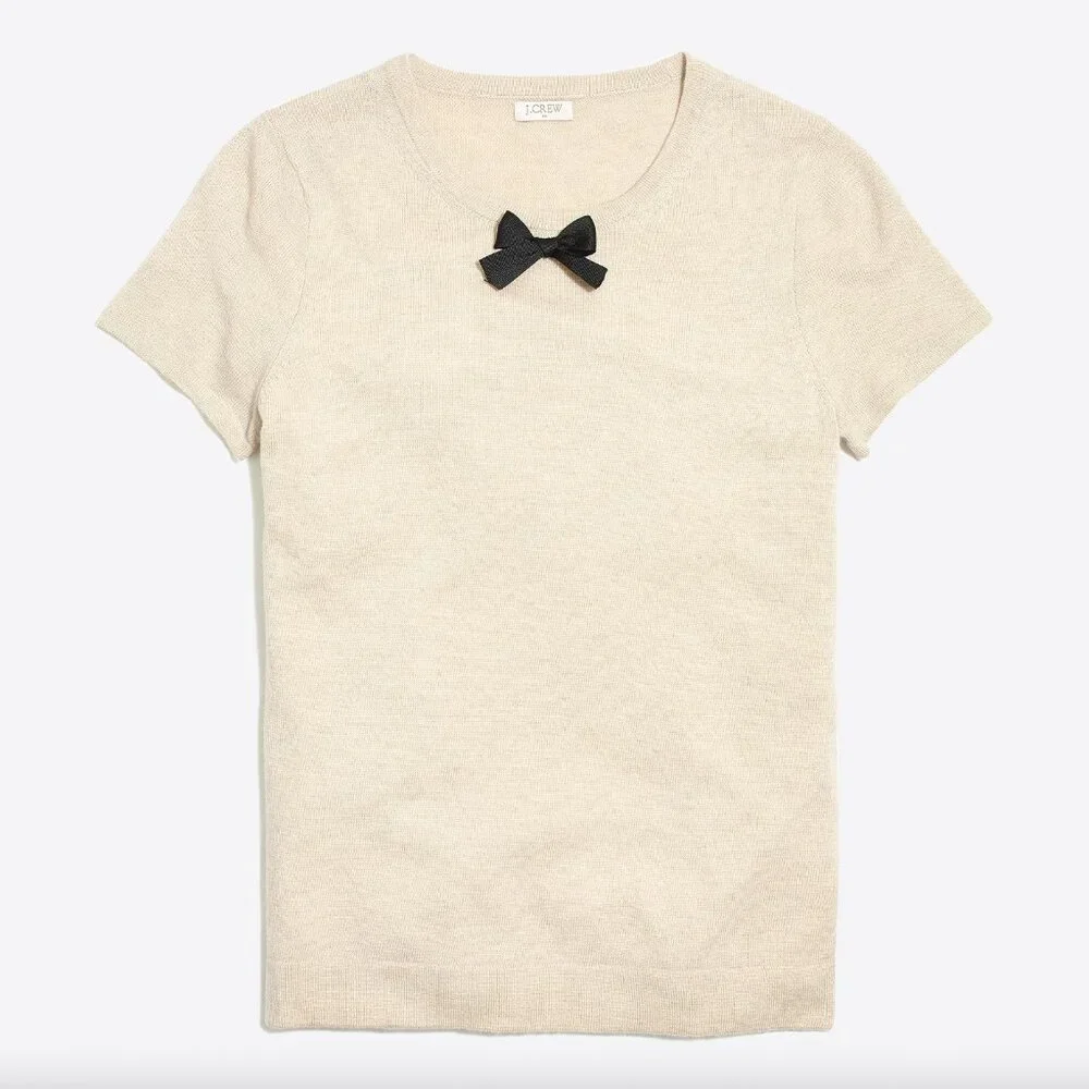J.Crew Medium M Cream Merino Wool Blend Cream Bow Short Sleeve‎ Pullover Sweater